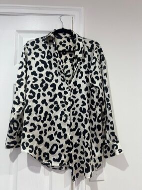 Zara Black and White Leopard Satin Button-Down Blouse